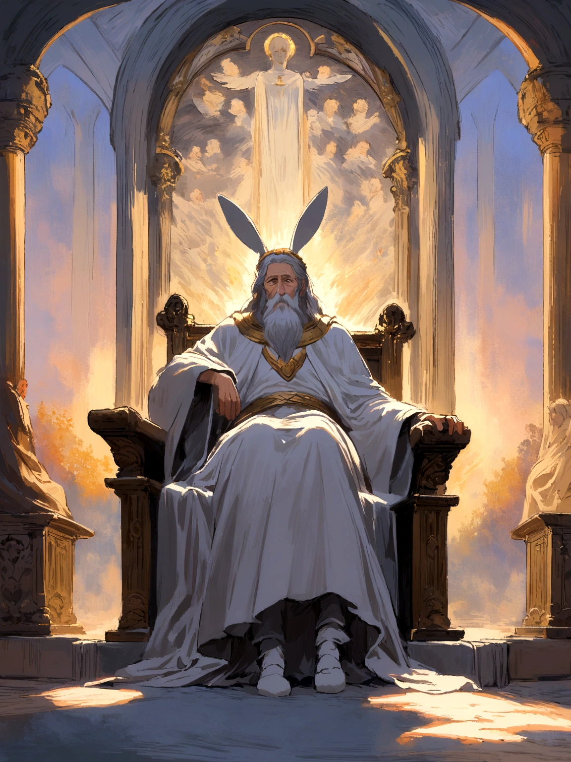 A old and wise man with a long grey beard and bunny ears wearing a antiquity white robe sitting on a throne, morning, impressionist art style.