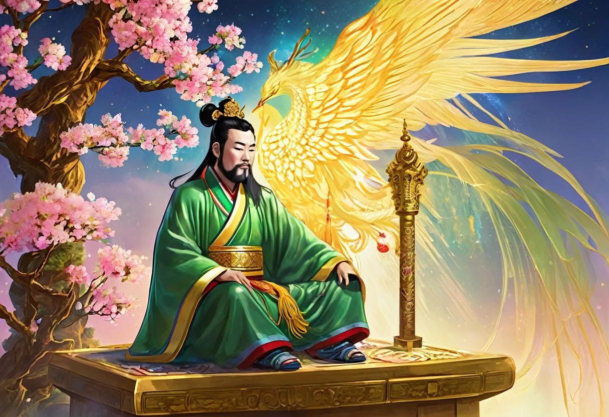 show 2 people, a jade Emperor seated on a magnificent golden throne in the heavenly realm looks down to a young farmer who is in simple clothing stands respectfully before him . Surround them with vibrant celestial flora under a soft, golden light