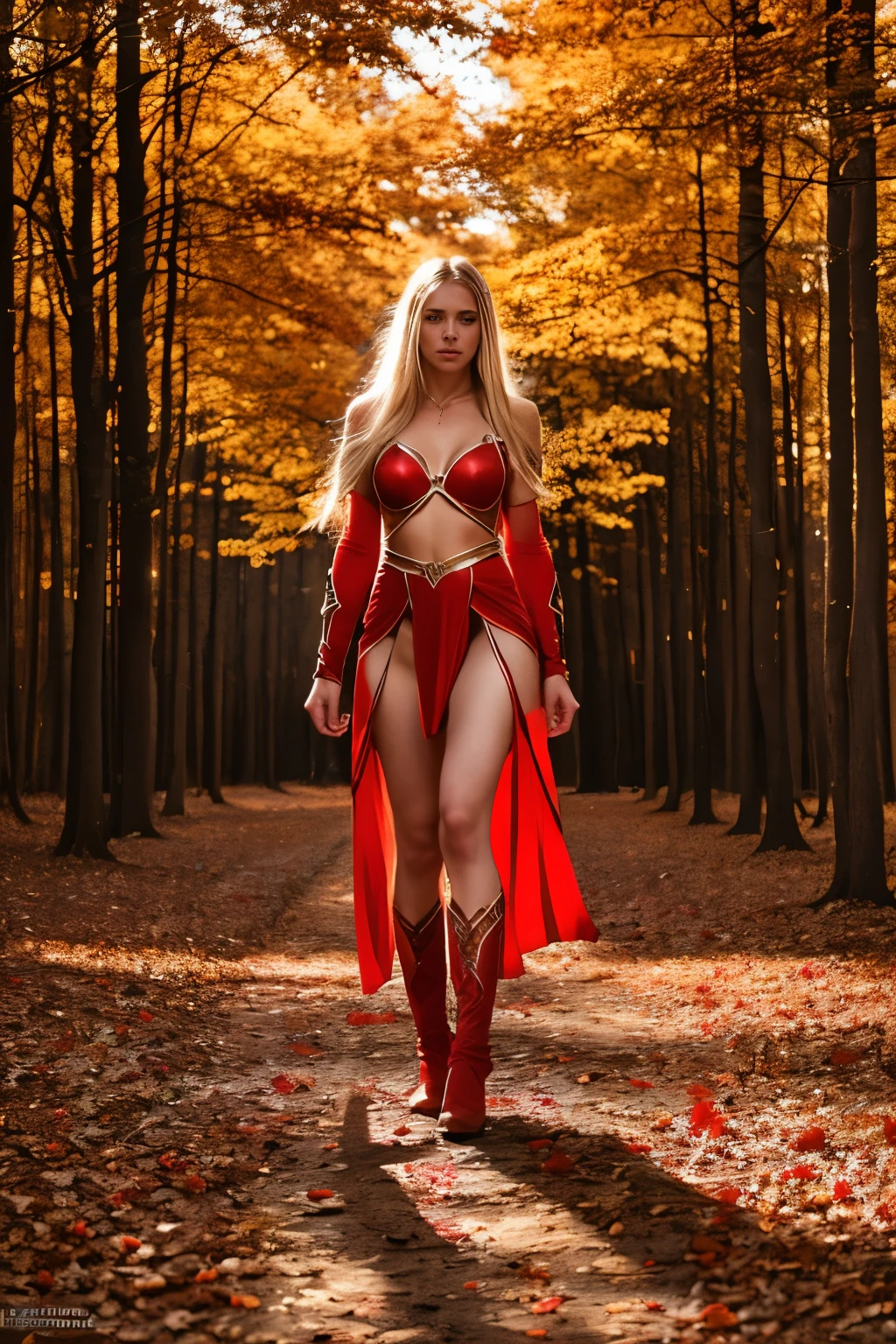 ​masterpiece, a beautiful elf, (delicate transparent armor), (medium breasts), (perfect body), (blondes, length hair), outside, (Skin texture:1.1), best quality, ultra high resolution, RAW-Foto, Nikon D850, Contre-Jour, rim light, bright sunlight, film grain:1.2, (warm hue, warmer Ton:1.2), (color photo), Fantasy, in a red dream world, red forest, in a red forest, amazing depth, red mood in background, shades of red, photography