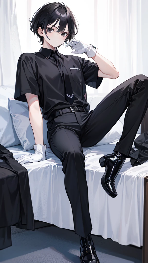 18-year-old boy,cute,Wear a white short-sleeved shirt and a black work tie,Wear black pants,Wear black booties,Wear white gloves,Black hair,Black eyes,Seductive pose