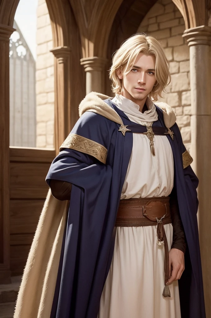 Please, generate a man that looks like the actor Drew Starkey, but with light blonde hair and in medieval clothing