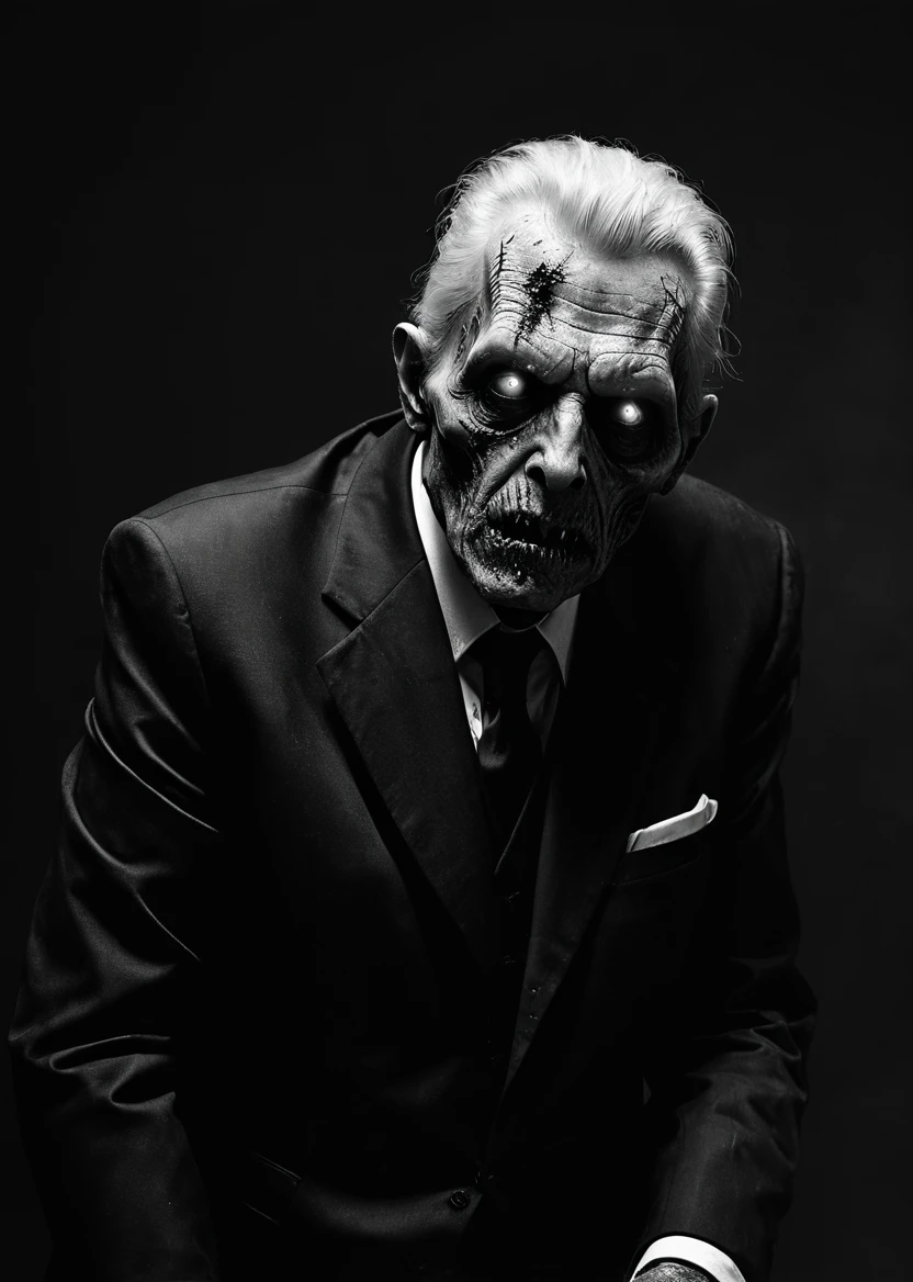 A old zombie George Watson man white shot hair black suit on the dark living room black and white image