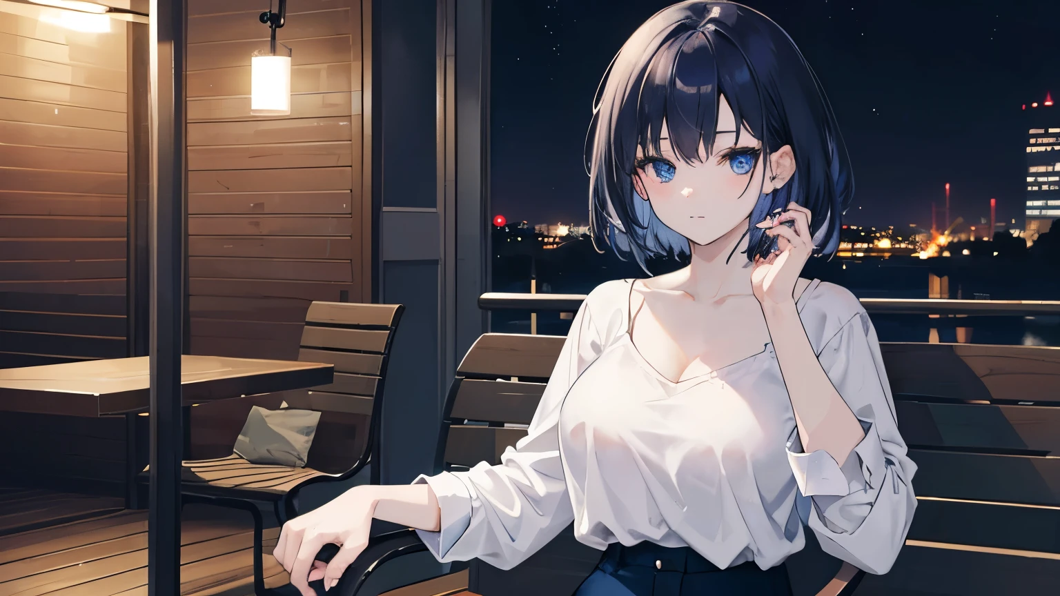 girl with short dark blue hair, pretty and calm eyes, pale skin, holding a cup of coffee with both hands. She has a black shirt with a low neckline that shows her large breasts a little, and light blue pants. She is sitting on a bench on a balcony looking at the city at night, with some candles that gives it a romantic touch. It's night.