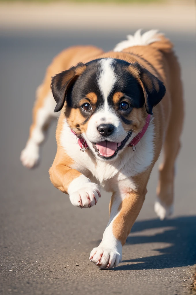 "A puppy happily running back to a , who is waiting patiently, With a smile on his face."