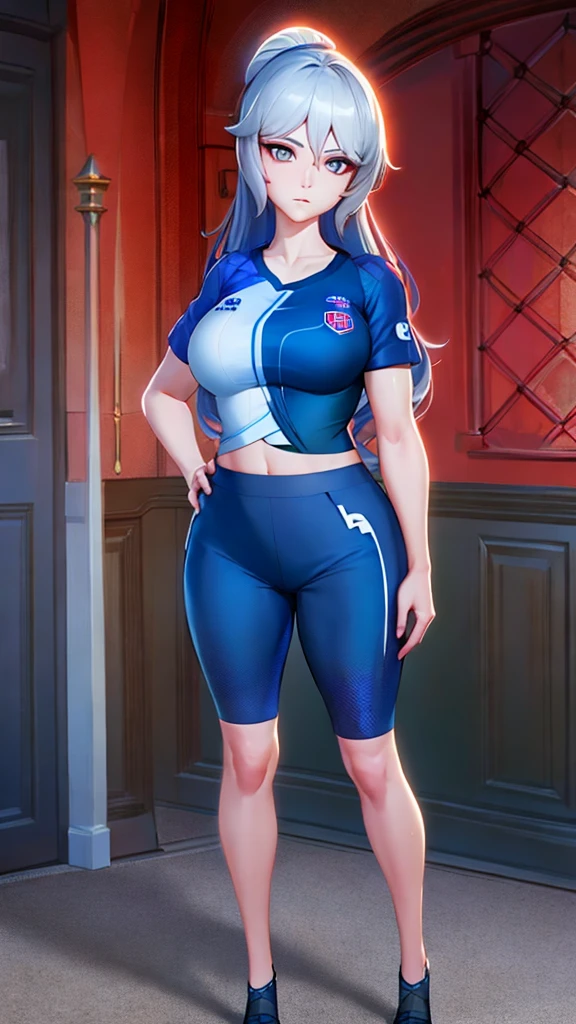 A beautiful girl in an athletic sports wear Bayern Munich soccer uniform, standing in a soccer stadium with a serious expression, (best quality,4k,8k,highres,masterpiece:1.2),ultra-detailed,(realistic,photorealistic,photo-realistic:1.37), detailed facial features, beautiful detailed eyes, beautiful detailed lips, extremely detailed face, long eyelashes, highly detailed, dynamic pose, cinematic lighting, vibrant colors, realistic textures, intricate details
