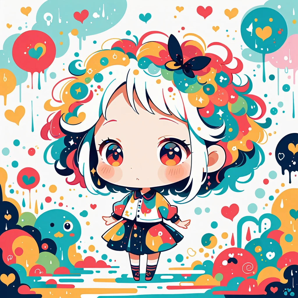 Black Star Red and White style, Simple Line Initialism，Abstract art，Urban Background, colorful hearts ,(((The most beautiful girl of all time))), (((chibi))), walking with Cute amoeba. Rain, 傘を差す