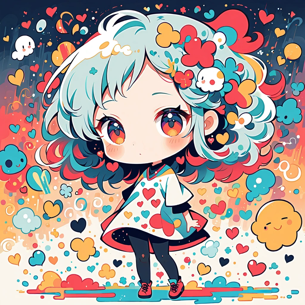 Black Star Red and White style, Simple Line Initialism,Abstract art,Urban Background, colorful hearts ,(((The most beautiful girl of all time))), (((chibi))), walking with Cute amoeba. Rain, 傘を差す