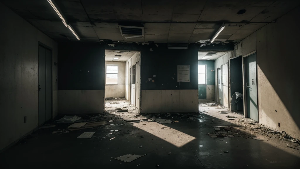 please draw an abandoned night scene. a scientific research room with shadows in the corners that seem to hide some creature. too dark. lots of trash and pieces of concrete on the floor, security camera quality image and fixed point in a corner on the ceiling, 4k