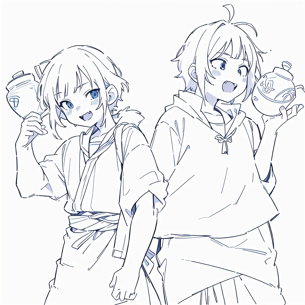 a drawing of two anime characters one is holding a jar, bold lineart, simple lineart, thick lineart, clean lineart, petros and leonid, perfect lineart, clean anime outlines, lineart, hidari and vlop, in japanese anime style, in anime style, wearing a toga, sirius a and sirius b, in an anime style, fangs, anime boy and girl