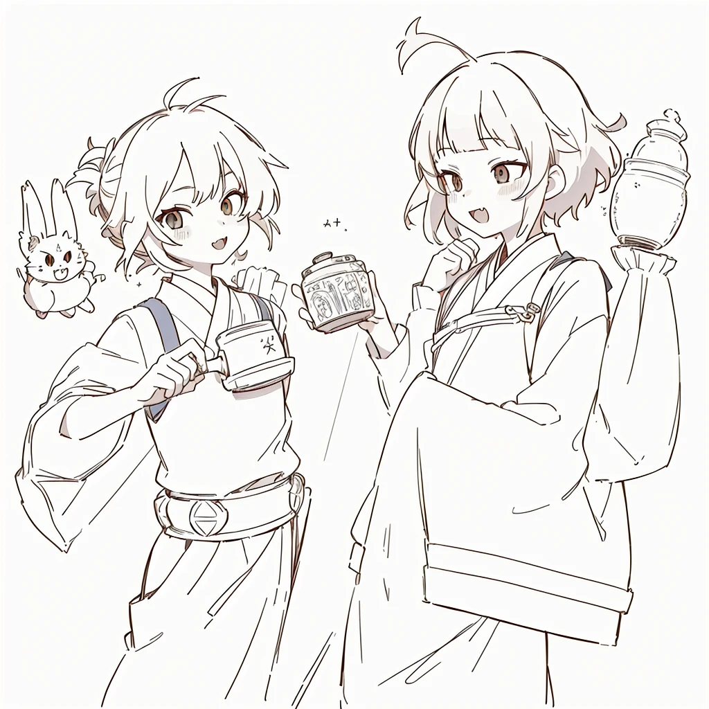 a drawing of two anime characters one is holding a jar, bold lineart, simple lineart, thick lineart, clean lineart, petros and leonid, perfect lineart, clean anime outlines, lineart, hidari and vlop, in japanese anime style, in anime style, wearing a toga, sirius a and sirius b, in an anime style, fangs, anime boy and girl