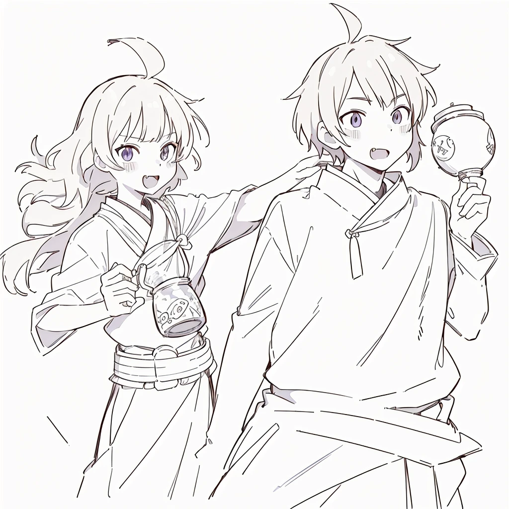 a drawing of two anime characters one is holding a jar, bold lineart, simple lineart, thick lineart, clean lineart, petros and leonid, perfect lineart, clean anime outlines, lineart, hidari and vlop, in japanese anime style, in anime style, wearing a toga, sirius a and sirius b, in an anime style, fangs, anime boy and girl