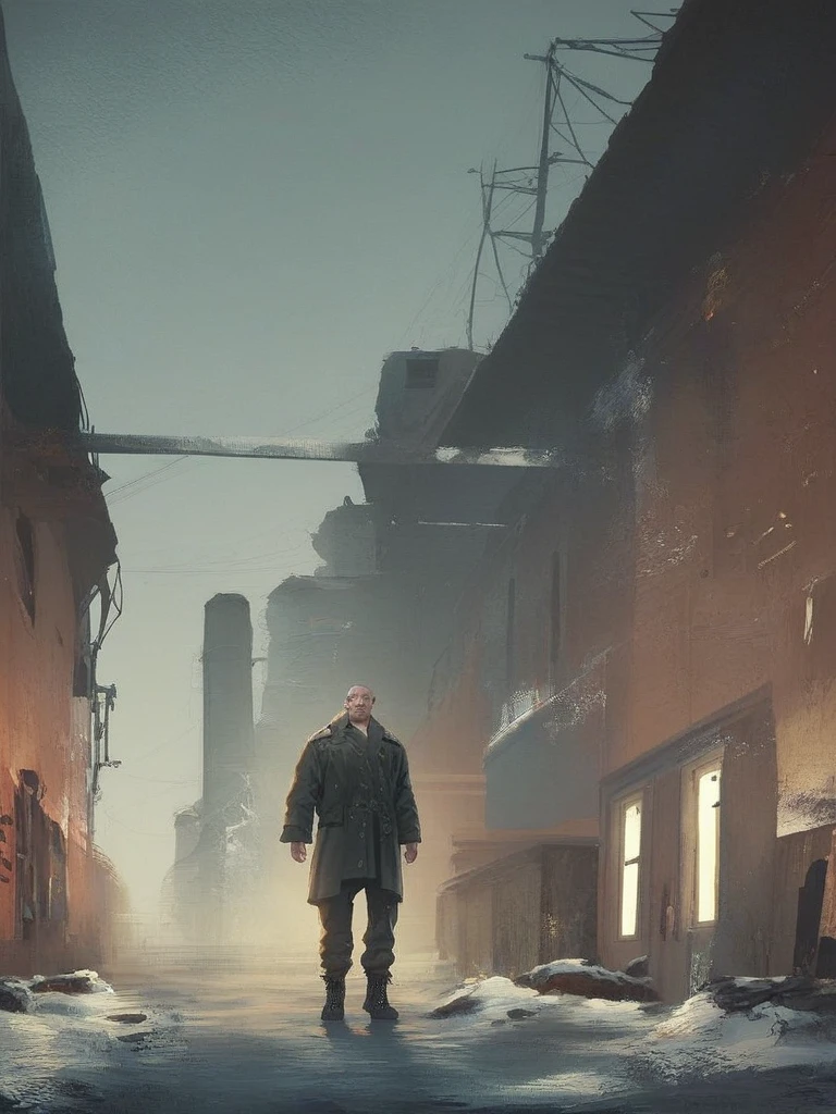score_9, score_8_up, old muscular man, (deatiled face:1.5), buzz cut, black leather trenchcoat with fur collar, (olive pants:1.2), vertical stripe shirt, black combat boots, (at night:1.5), abandoned interior background, snow on the ground, black outline, sharp shadows