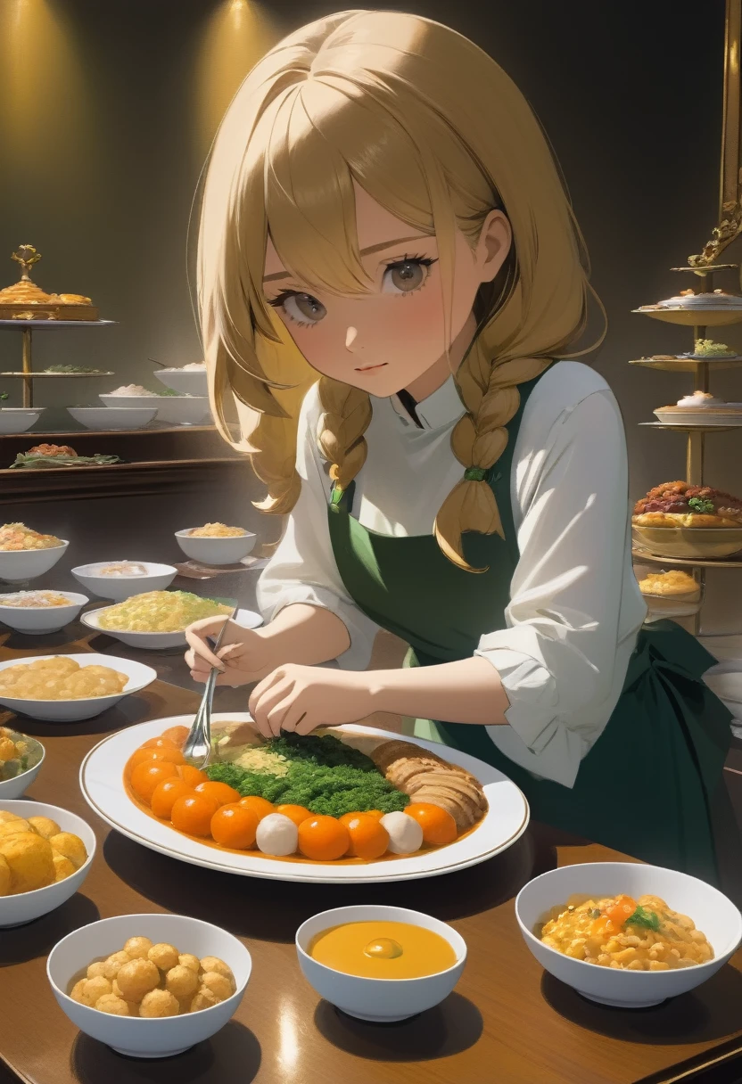 She arranges the food on the plate meticulously.
