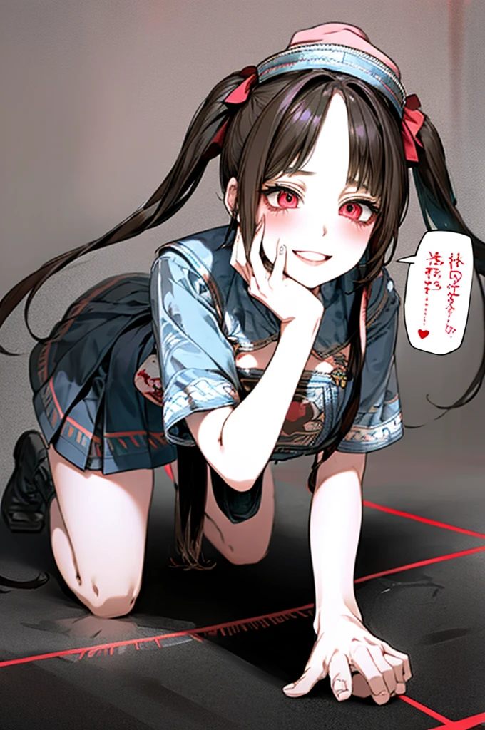 Top quality, (background detailed), vacant eyes, pouncing, approaching on all fours, full body, twin tails, mine type, underwear, high contrast, super beautiful girl, detailed original illustration, sensual, delicate face, attractive, bad girl, sexy, looking at camera, real breasts, stalker, crazy smile, pale skin, bloody, dark hair, beautiful line drawing