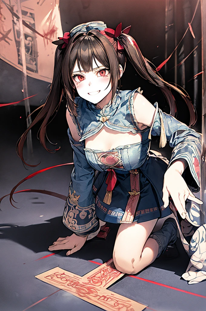 Top quality, (background detailed), vacant eyes, pouncing, approaching on all fours, full body, twin tails, mine type, underwear, high contrast, super beautiful girl, detailed original illustration, sensual, delicate face, attractive, bad girl, sexy, looking at camera, real breasts, stalker, crazy smile, pale skin, bloody, dark hair, beautiful line drawing