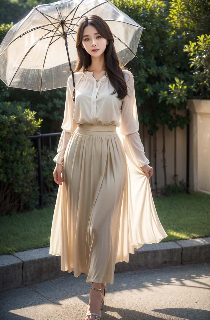 Use an umbrella、beige maxi skirt  、Sheer blouse、(Highest quality)、((Very detailed))、4K、(8K)、masterpiece、Super detailed、Highest quality、Super Resolution、One person、Kind Face、Soft Light、Raw quality、Soft Skin、Heel、163cm