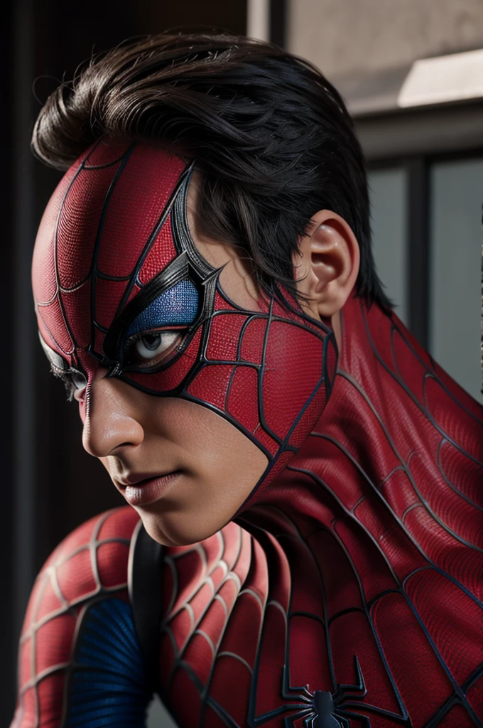 Spiderman without the mask on with an aura of electricity like red and blue dragon ball with eyes with electricity, one red and one blue
