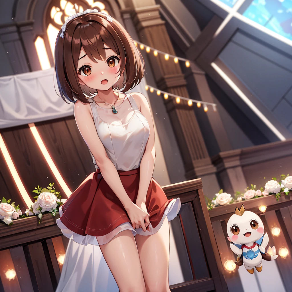 masterpiece, Highest quality, High resolution, Gloria1, 1 Girl, Gloria\(Pokémon\), Brown Hair, , Brown Eyes, , Short Hair, , Bobcut, bangs, , 1Describe a girl carefully 1Girl Expression in love blush Open Mouth blush church Wedding dress(mini skirt) breast enhancement