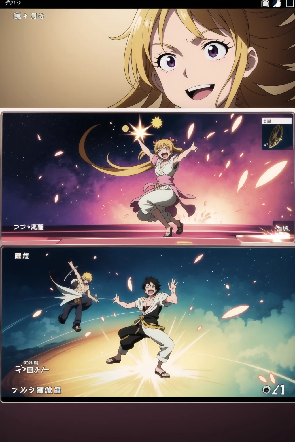 Anime characters laughing and dancing in cartoon style, out of one piece, Happy!!!, scene!!, Awesome composition, Anime-Screencap, Anime presented today, Screenshot from an anime from the 2012s, Anime-Screencaps, Anime still, !!Nice!!, masterful composition!!!, Screenshot eines Anime-Films, triumphant pose, air is being pushed around him, BonneyOP, BartholomewOP, One Piece