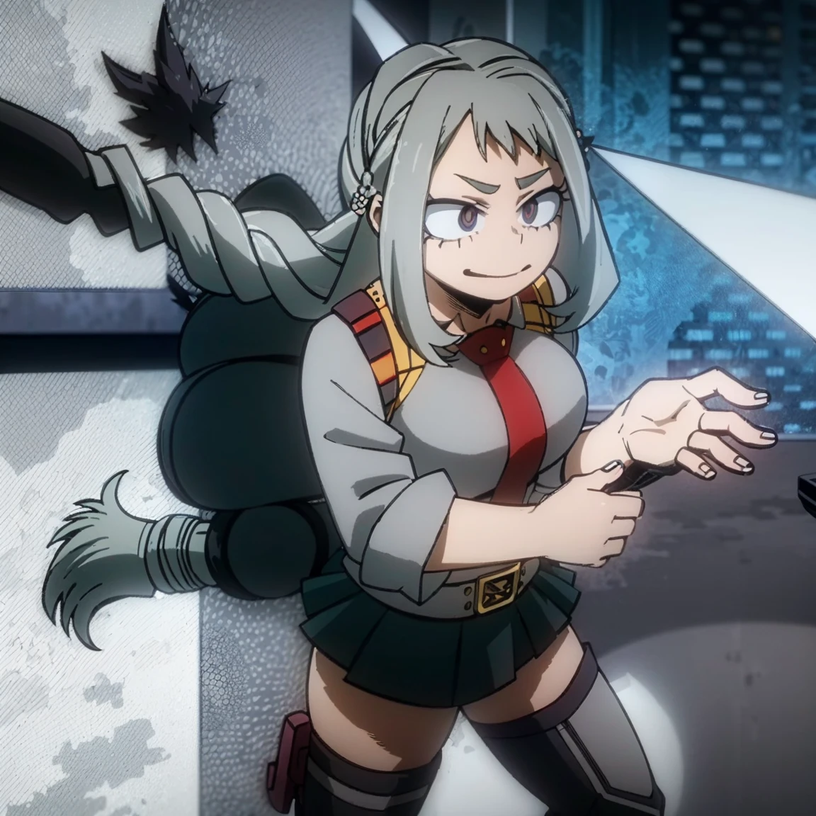 1girl, female focus, boku no hero academia, masterpiece, best quality, very aesthetic, cowboy shot, big breasts, long braid hair, dark hair, purple eyes, smirk, gray jacket, red tie, white shirt, teal skirt, gray tights, boots