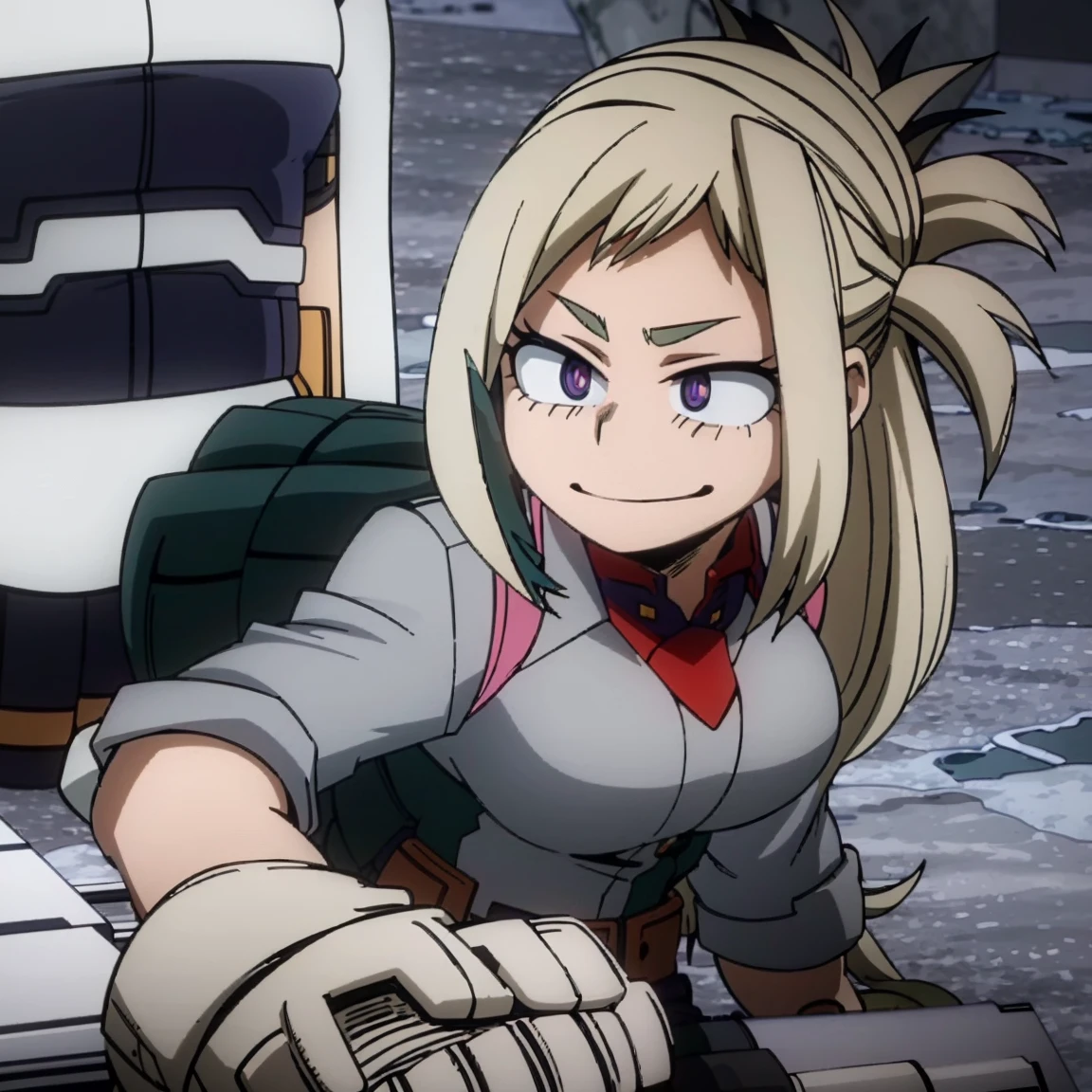1girl, female focus, boku no hero academia, masterpiece, best quality, very aesthetic, cowboy shot, big breasts, long braid hair, dark hair, purple eyes, smirk, gray jacket, red tie, white shirt, teal skirt, gray tights, boots 