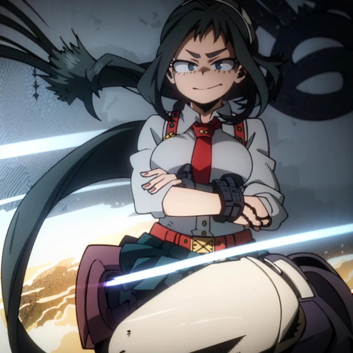1girl, female focus, boku no hero academia, masterpiece, best quality, very aesthetic, cowboy shot, big breasts, long braid hair, dark hair, purple eyes, smirk, gray jacket, red tie, white shirt, teal skirt, gray tights, boots 