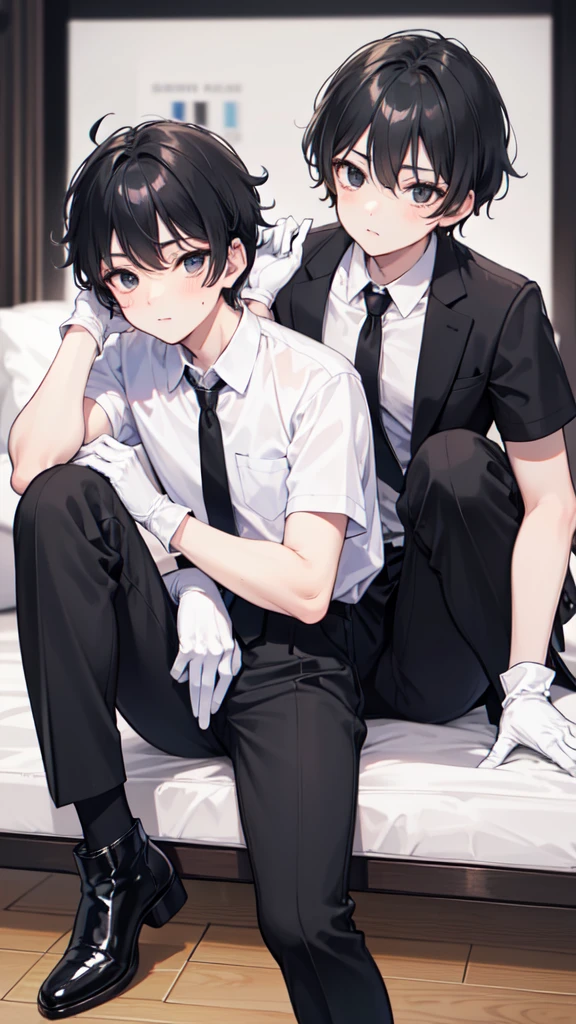 18-year-old boy，cute，Wear a white short-sleeved shirt and a black work tie，Wear black pants，Wear black booties，Wear white gloves，Black hair，Black eyes，porn pose