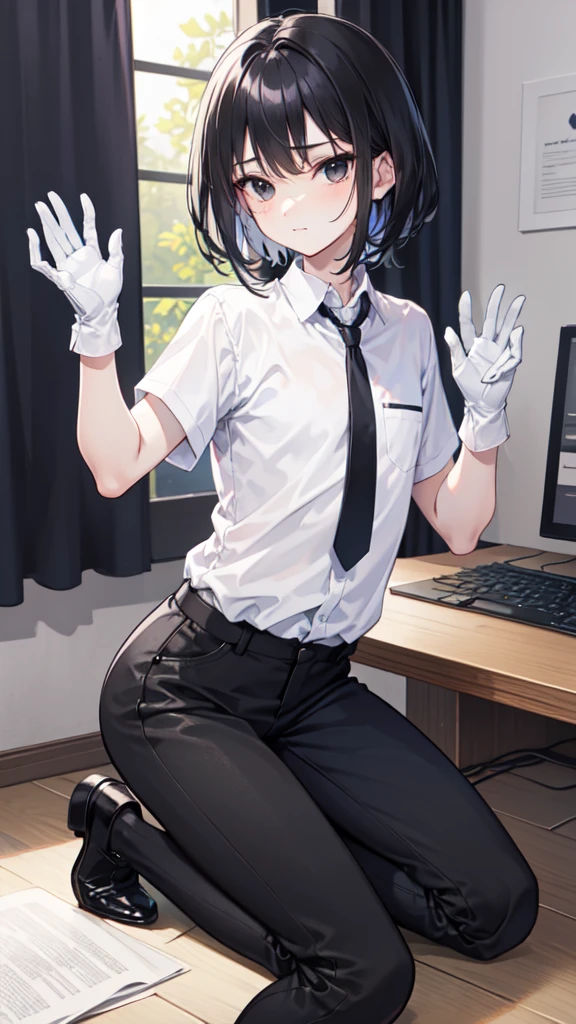 18-year-old boy,cute,Wear a white short-sleeved shirt and a black work tie,Wear black pants,Wear black booties,Wear white gloves,Black hair,Black eyes,porn pose