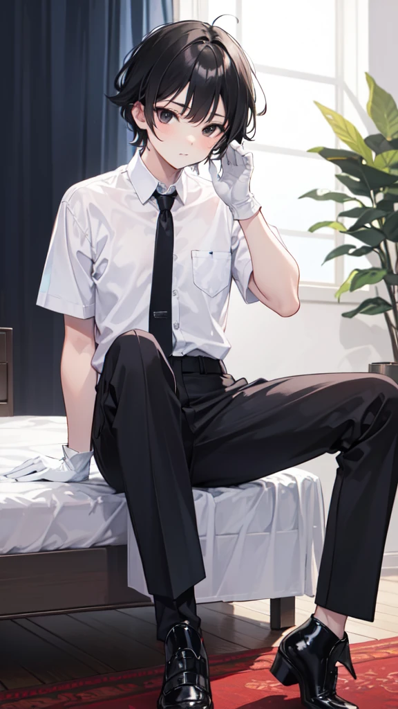 18-year-old boy,cute,Wear a white short-sleeved shirt and a black work tie,Wear black pants,Wear black booties,Wear white gloves,Black hair,Black eyes,porn pose