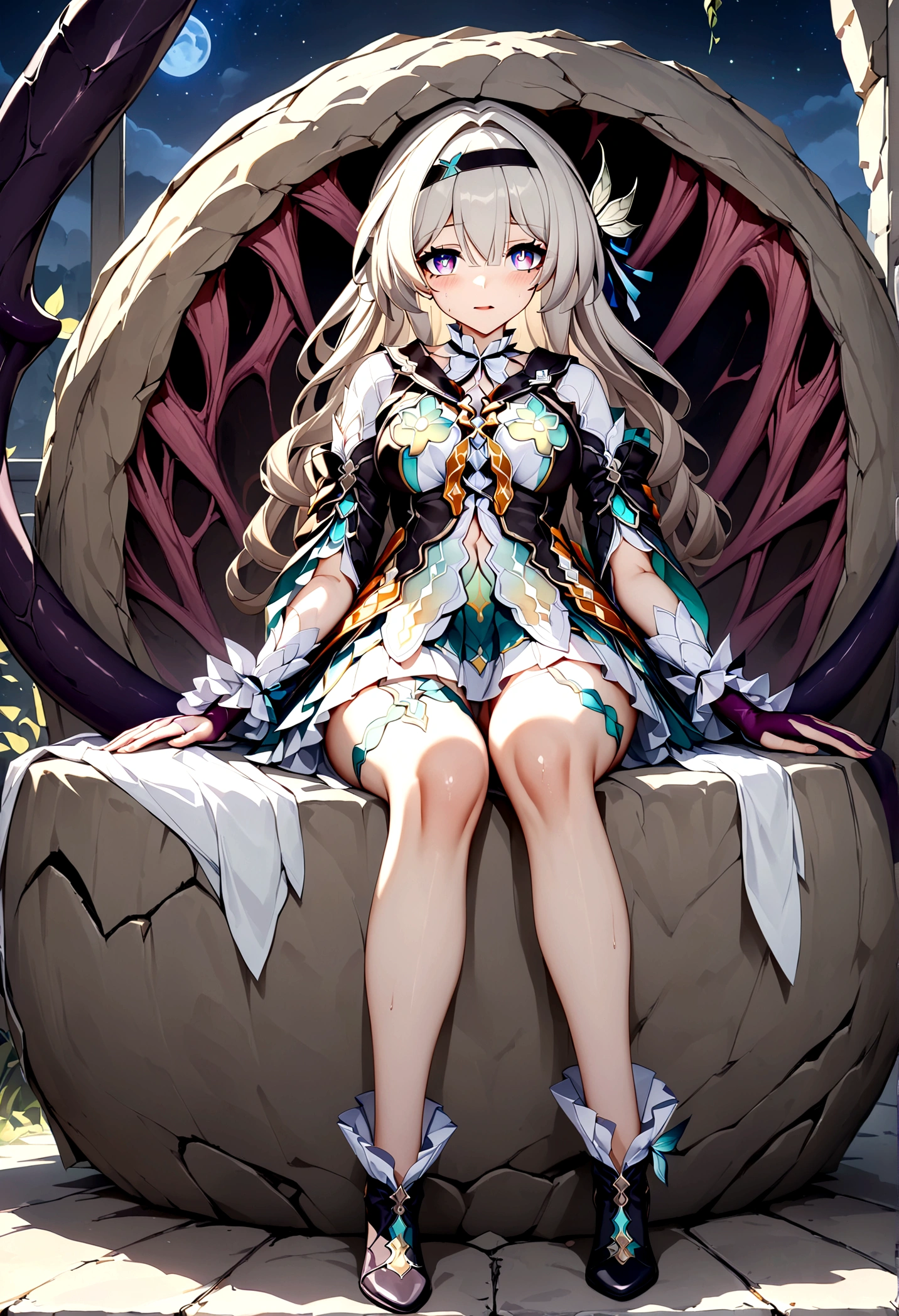 perfect anatomy, CG:1.9, ultra detailed:1.9, ultra-detailed:1.9, high resolution:1.9, high res:1.9, absurdres:1.9, masterpiece:2, high quality:2, best quality:2, 1girl, solo, firefly (honkai: star rail), full body, sitting on bad, night time, succubus girl, horror (theme), body horror, yandere, crazy, pure evil, dark persona, cosmic horror, full armor, corruption armor, dress armor, demon horns, dragon horns, succubus horns, succubus tail, succubus wings, yellow pupils, bright pupils, slit pupils, purple scales, blush, disgusted face, expressive face, abyssal, phantom limb, ghost arm