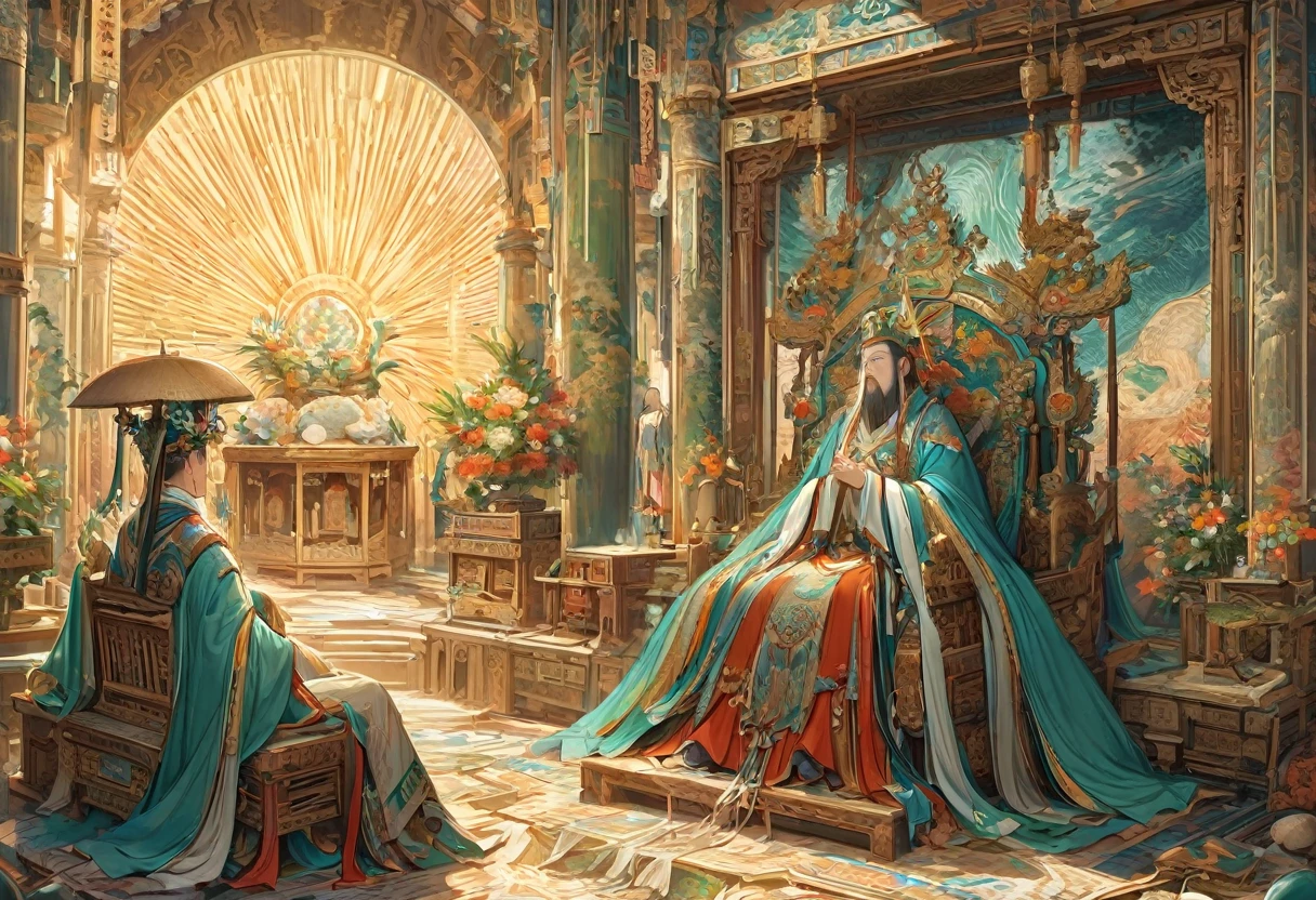 show meeting of 2 people, a jade Emperor seated on a magnificent throne in the heavenly realm looks down to a young farmer who is in simple clothing stands respectfully before him . Surround them with vibrant celestial flora under a soft, golden light, symbolizing the sacred nature of the encounter.
