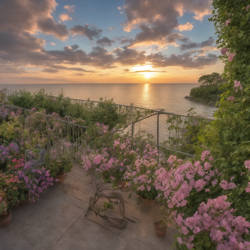 ((realism)) view of a sunset at the sea with flowers in the sky from a high balcony 