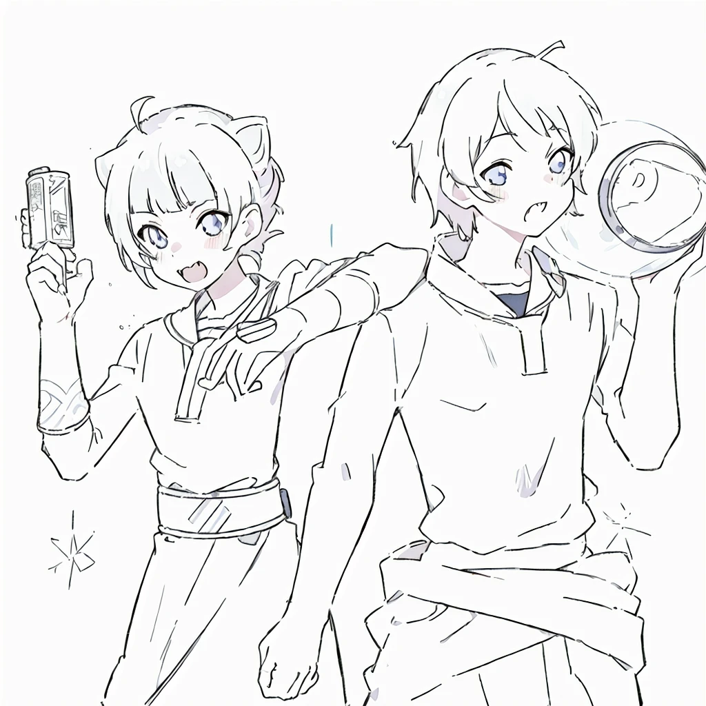 a drawing of two anime characters one is holding a jar, bold lineart, simple lineart, thick lineart, clean lineart, petros and leonid, perfect lineart, clean anime outlines, lineart, hidari and vlop, in japanese anime style, in anime style, wearing a toga, sirius a and sirius b, in an anime style, fangs, anime boy and girl