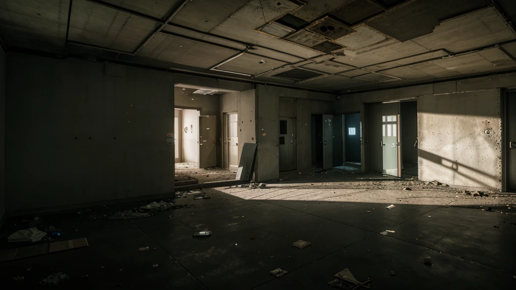 please draw an abandoned night scene. a scientific research room with shadows in the corners that seem to hide some creature. too dark. lots of trash and pieces of concrete on the floor, security camera quality image and fixed point in a corner on the ceiling, 4k, no sun light, only moon light