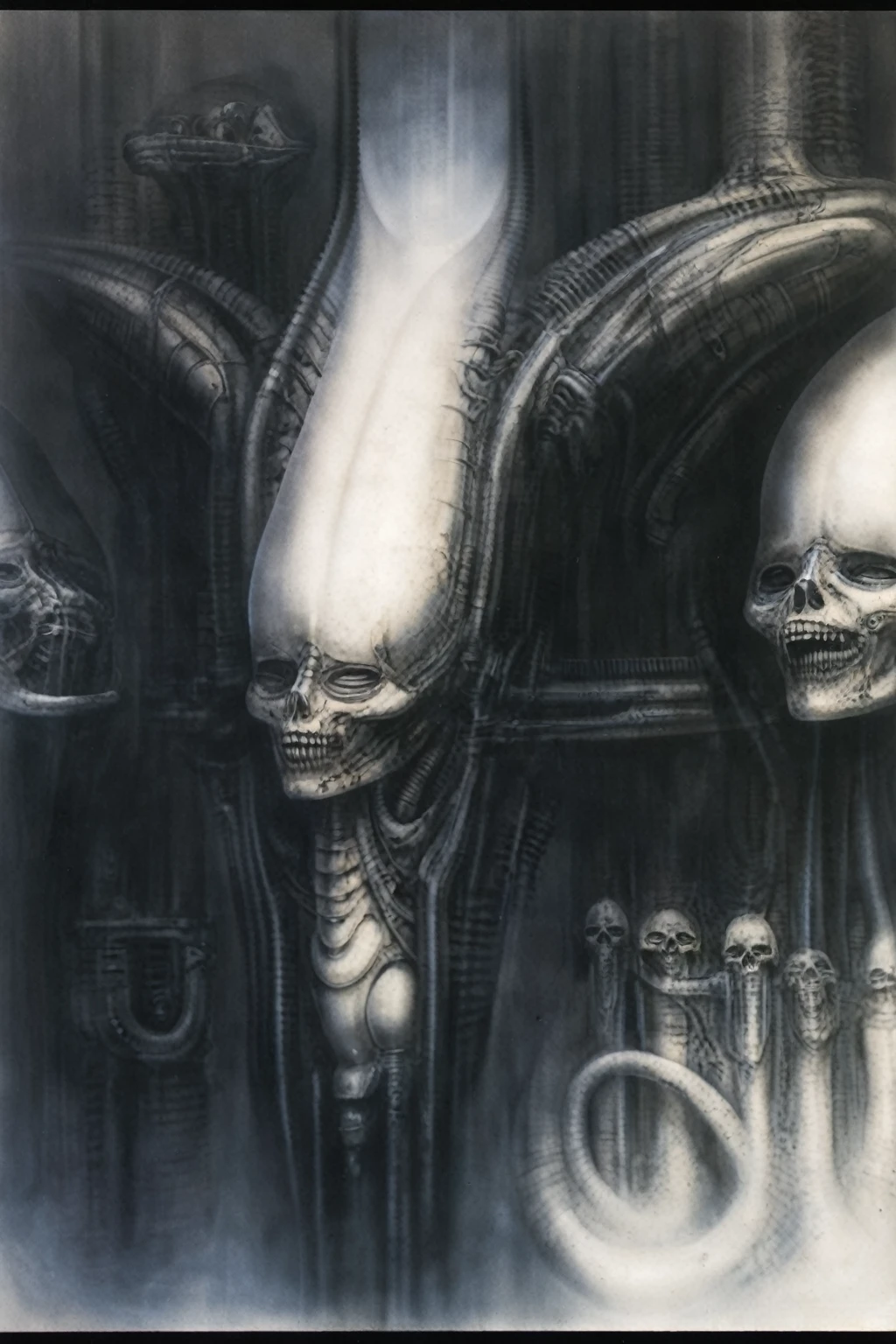 g1g3r, The image is a detailed view of H.R. Giger's \" Landscape XVI \" plate, featuring a complex network of bones and organs in a purple-brown hue ,swirling gray and brown colors. The artwork is silver and purplish brown, with an ivory bones prominently displayed. The image is highly detailed and intricate, almost like a 3d version of a medical diagram
The image is an artistic representation of a mechanical structure with pipes and gears, with a skeletal creature and a windmill blade.


The image depicts a surreal, anatomical illustration of a alien body with a skeleton inside, surrounded by a network of tubes and pipes.

biomechanical landscape by Hans Rudie Giger composed of fossilized and mummified alien life forms. Image depicts a strange and dreamlike, combines biological and mechanical ,managed  to dreamlike quality. Centralized recognizable shapes of skulls, rib cages, and spines, all intertwined with tubes and cables. These shapes suggest fossilized mummified alien life forms. Central skeletal structures and what appears to be a ribcags of ivory in the foreground are the most identifiable organic elements. The mechanical elements are evident in the wires and tubes emanating from the skeletals, as well as the smooth metallic tubes. In the background shapes are visible that could be interpreted as other fossilized or mummified alien life.
Light source from the top highlights skeletals, upper part of foreground, lower part of image is in shadow.


The piece is a tableau, most likely created with a India ink pen or pencil on paper, determined by the thin lines, shading techniques, and the texture of the paper, which is visible around the edges.
used is pen, given the shading and variations in line weight visible in the image. One have used a variety of pencils with different degrees of hardness to achieve the shading effects

The style  is clearly biomechanical. Features combination of organic and mechanical forms. Mechanical elements dominate the composition