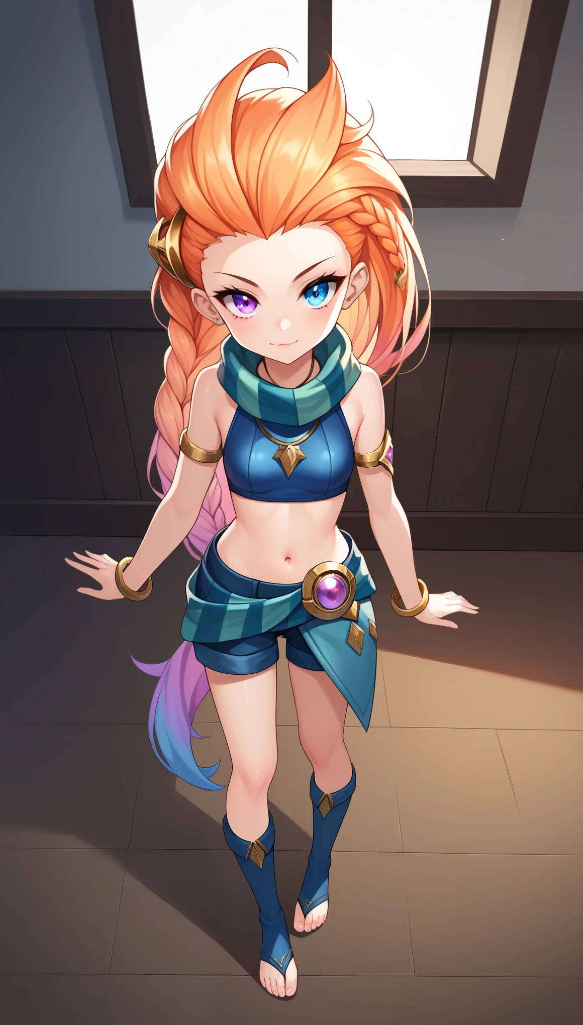 score_9, score_8_up, score_7_up, score_6_up, score_5_up, score_4_up, ZoeLoLXL, purple eyes, (blue eye:1.1), heterochromia, orange hair, multicolored hair, gradient hair, long hair, single braid, hair ornament, forehead, small breasts, green scarf, striped scarf, bare shoulders, blue midriff, necklace, armlet, bracelet, navel, blue shorts, green belt, blue legwear, toeless legwear, (solo), standing, looking at viewer, indoors