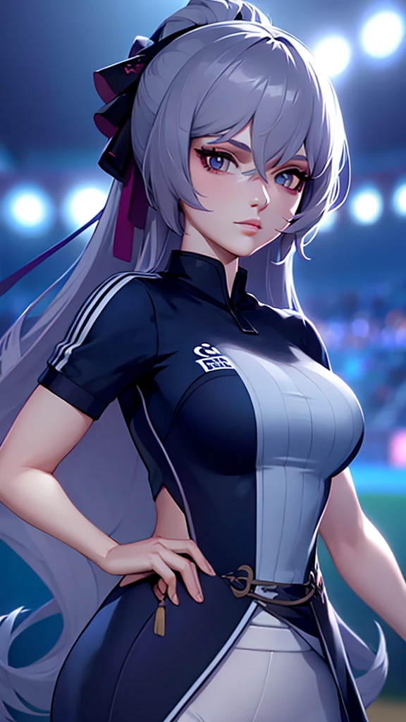 girl in Bayern Munich soccer uniform, standing in soccer stadium with serious expression, detailed facial features, beautiful detailed eyes and lips, extremely detailed face, long eyelashes, highly detailed, dynamic pose, cinematic lighting, vibrant colors, realistic textures, intricate details