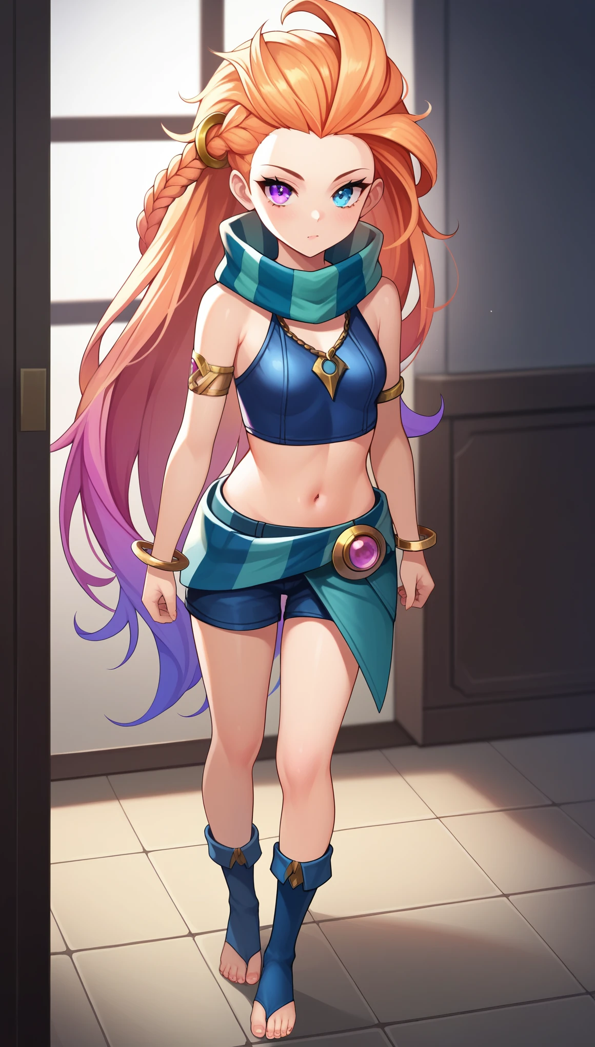 score_9, score_8_up, score_7_up, score_6_up, score_5_up, score_4_up, ZoeLoLXL, purple eyes, (blue eye:1.1), heterochromia, orange hair, multicolored hair, gradient hair, long hair, single braid, hair ornament, forehead, small breasts, green scarf, striped scarf, bare shoulders, blue midriff, necklace, armlet, bracelet, navel, blue shorts, green belt, blue legwear, toeless legwear, (solo), standing, looking at viewer, indoors