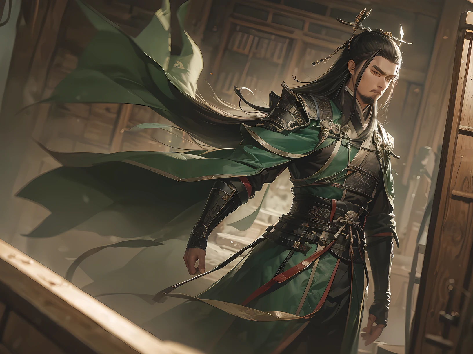 ancient china, Full-body portrait, man, long hair, Cliché, goat beard, mild, Light green Chinese armor,