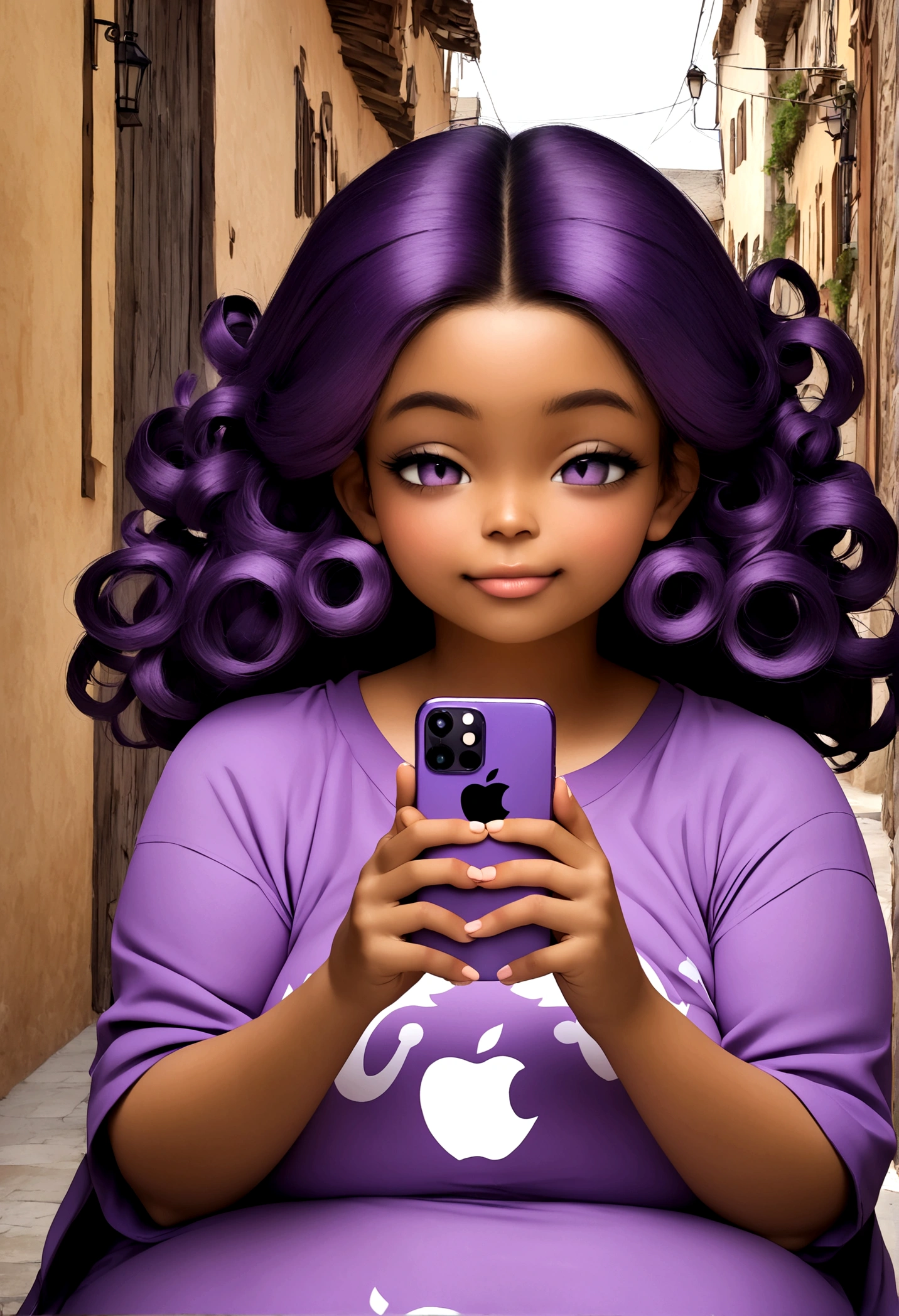 Create a 3D illustration of an animated Indian character sitting casually on top of a social media logo "instagramart". The character must wear a purple t-shirt , curly hair dark skin, slightly slanted eyes, is a little overweight and holding an iPhone. The background of the image is a social media profile page with the username "Hadassah" and a matching profile photo.