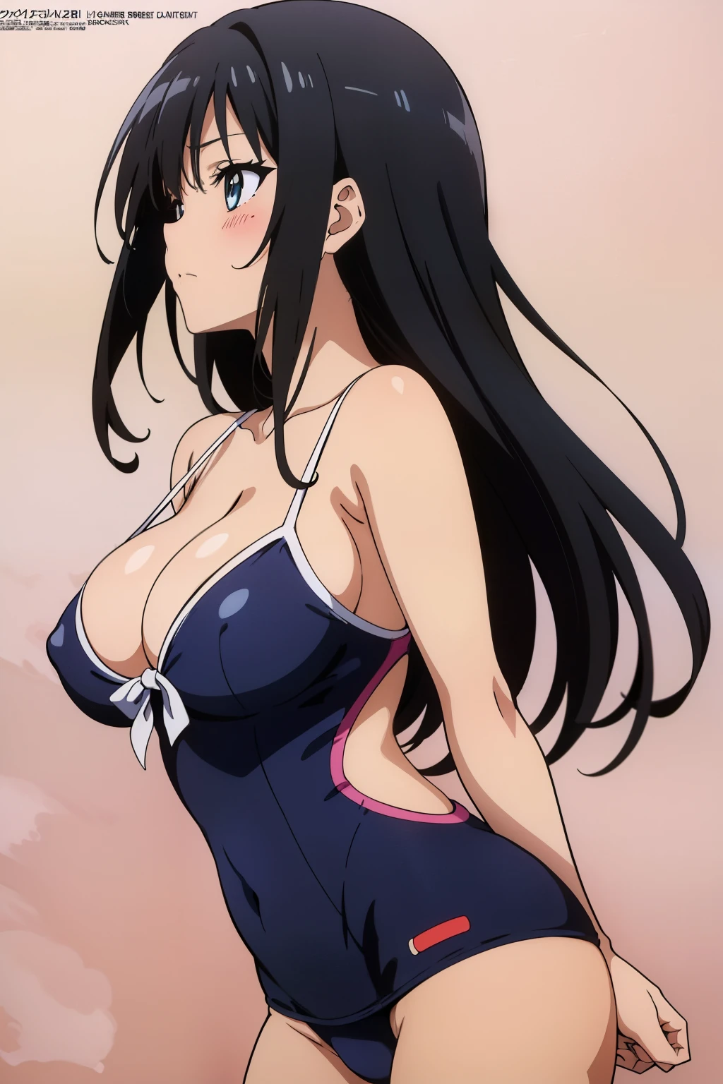 (masutepiece, Best Quality, High resolution, anime colours, megami magazine:1.2, anime poster style, anime keyvisual, sharp, 8k, photorealistic), from side, (beautiful eyes:1.5, beautiful face), Kotegawa Yui, 1girl, solo, Cute, blush, (Long Black Hair), (sagging large breasts), (white onepiece swimsuit), cleavage, (arm behind back, cowboy shot), (Perfect detailed Anatomy, beautiful detailed hair, perfect detailed body:1.2, shiny skin), (thick outline, Beautiful outlines, black outlines), simple background,