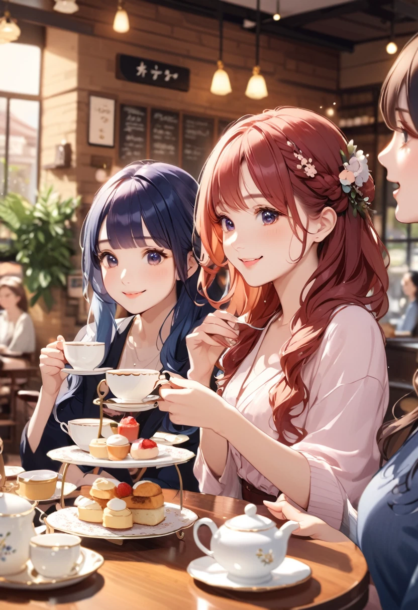 Highest quality、High resolution、Detailed Background、Beautiful face in every detail、Beautiful girl in her 20s、Cute hair colour、Braided long hair、Wavy Hairstyle、Calm atmosphere、Happy expression、It&#39;s gorgeous but also feminine.、clear、
(Three women enjoying tea time in a cute cafe:1.5)