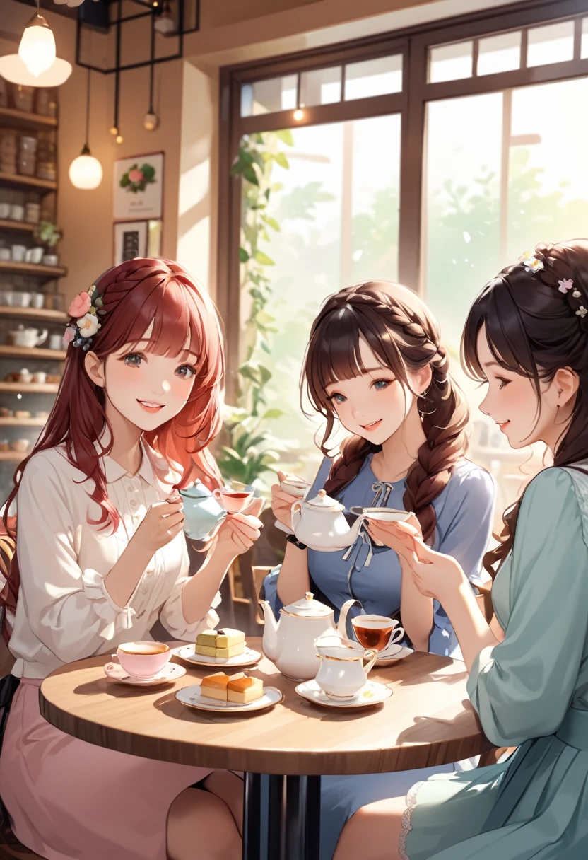 Highest quality、High resolution、Detailed Background、Beautiful face in every detail、Beautiful girl in her 20s、Cute hair colour、Braided long hair、Wavy Hairstyle、Calm atmosphere、Happy expression、It's gorgeous but also feminine.、clear、
(Three women enjoying tea time in a cute cafe:1.5)
