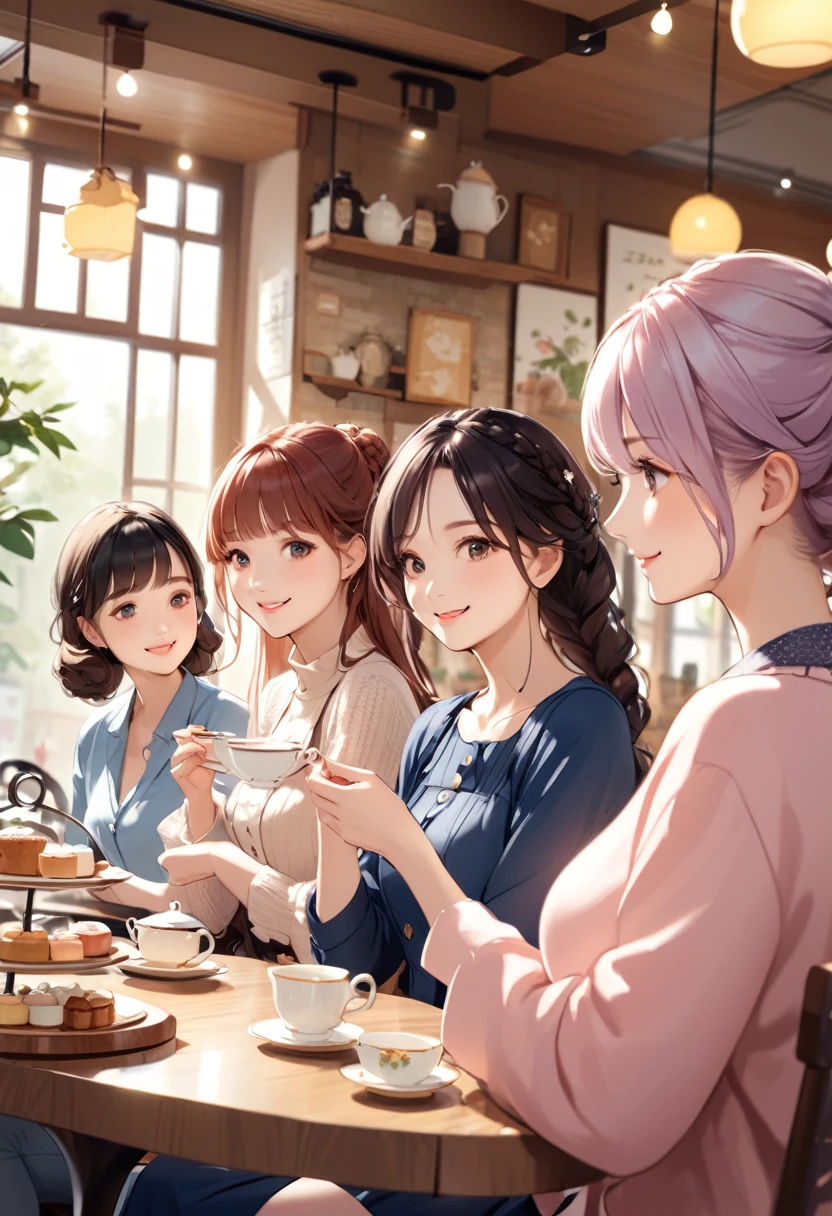 Highest quality、High resolution、Detailed Background、Beautiful face in every detail、Beautiful girl in her 20s、Cute hair colour、Braided long hair、Wavy Hairstyle、Calm atmosphere、Happy expression、It's gorgeous but also feminine.、clear、
(Three women enjoying tea time in a cute cafe:1.5)