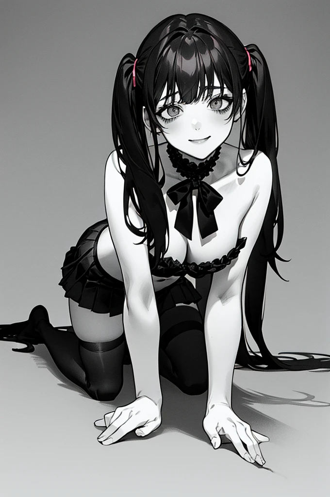 Top quality, (background detailed), vacant eyes, pouncing, approaching on all fours, full body, twin tails, mine type, underwear, high contrast, super beautiful girl, detailed original illustration, sensual, delicate face, attractive, bad girl, sexy, looking at camera, real breasts, stalker, crazy smile, pale skin, bloody, dark hair, beautiful line drawing