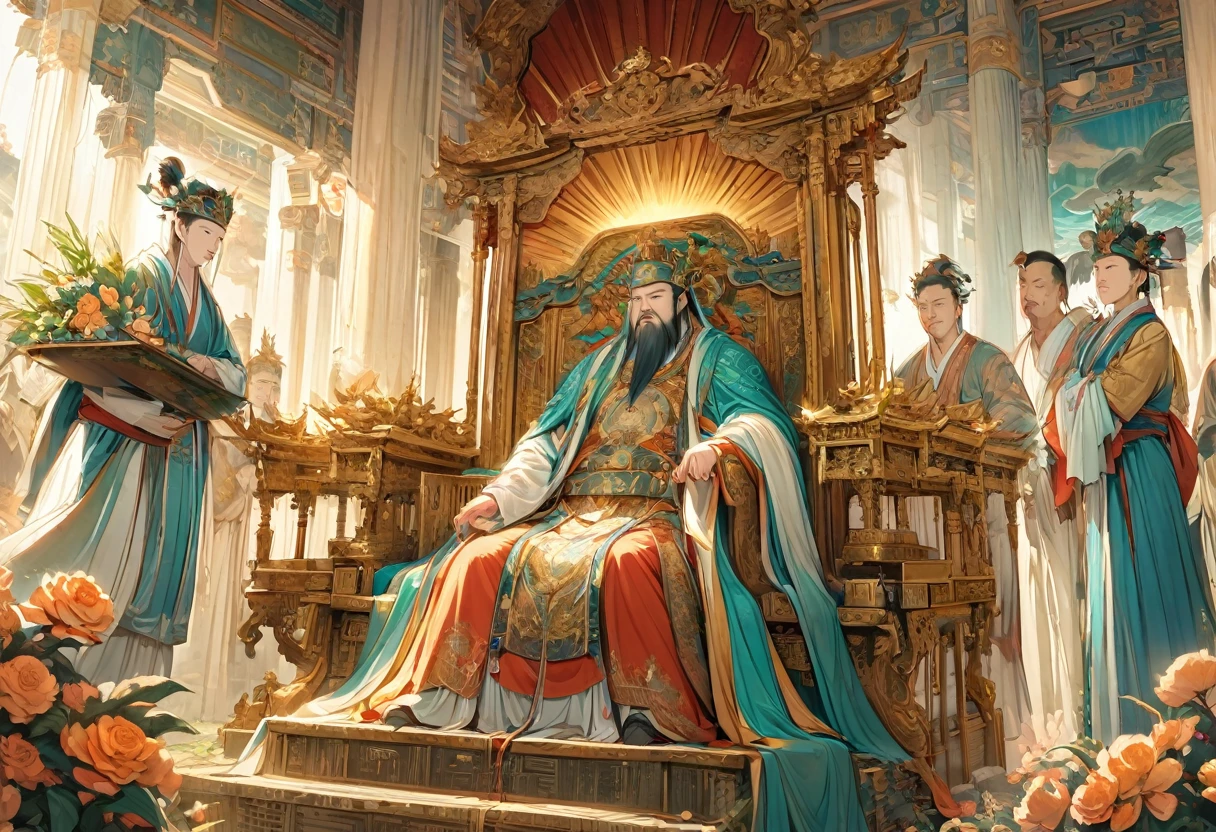 show 2 people, a jade Emperor seated on a magnificent golden throne in the heavenly realm looks down to a young farmer who is in simple clothing stands respectfully before him . Surround them with vibrant celestial flora under a soft, golden light, symbolizing the sacred nature of the encounter.