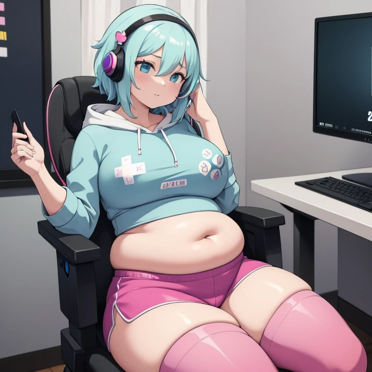 ((highres)), Masterpiece, high quality, best quality, beautiful, solo, female, gamer girl, fat, chubby, big belly, large breasts, thick thighs, light blue hair, crop top hoodie, game controller print, thigh highs, gym shorts, sitting, gaming pc, gaming chair, headset, pastel colors, cute pink bedroom