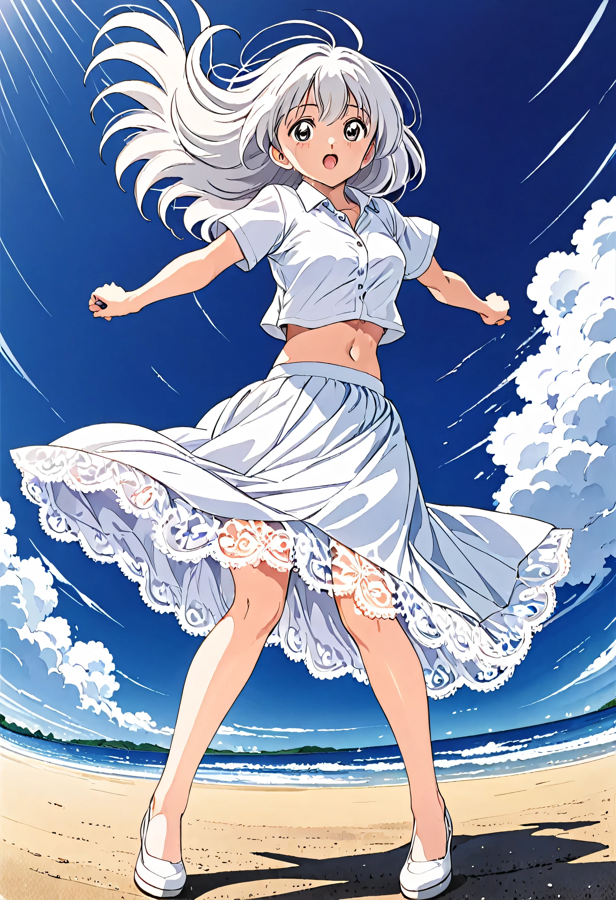 Kyoko OtonashiLow - Angle、
Low - Angle、Long skirt、Hold down your skirt that is being blown up by the strong wind、Anime white panties in a strong wind、Crotch is visible
ローレグのパンツ、Farbe: White、
Crotch is visible、
、Lined、White lace lining、