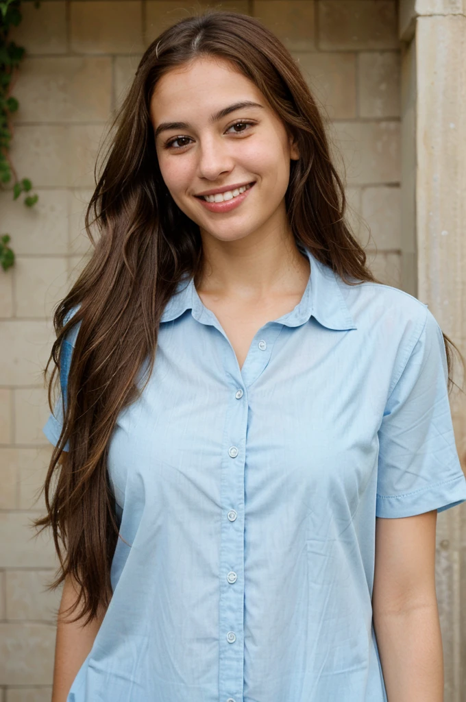 a photo-realistic portrait of a beautiful Palestinian woman with long brown hair, blue shirt, white teeth, and a cute smile, with highly detailed and realistic facial features, modest expression, and realistic white skin tone