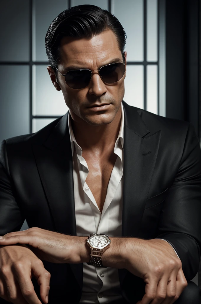 Create a high-quality, realistic image of a masculine, stylish gangster millionaire. He is wearing an elegant dark suit, has slicked-back hair with a strong hold, and a confident, sharp facial expression. Add luxury accessories like a designer watch, sunglasses, and a flashy ring. The background should be an urban, upscale setting. Ensure dramatic lighting to emphasize his features and aura of power. Use photorealistic rendering, high resolution, and detailed textures to enhance realism and overall image quality. He should look like a combination of Bruce Wayne from 'The Batman', Tony Montana from 'Scarface', and Hannibal Lecter.